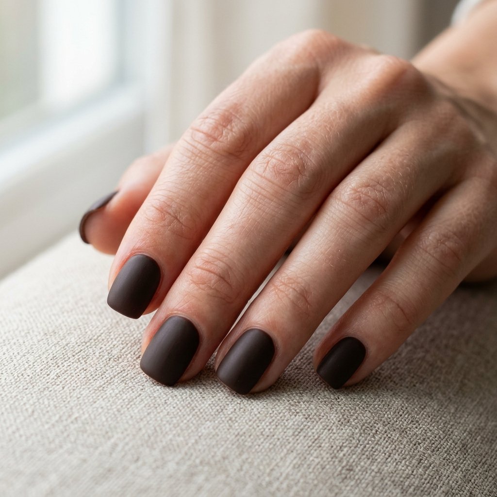 Dark espresso brown manicure with a flat matte finish on short squoval nails