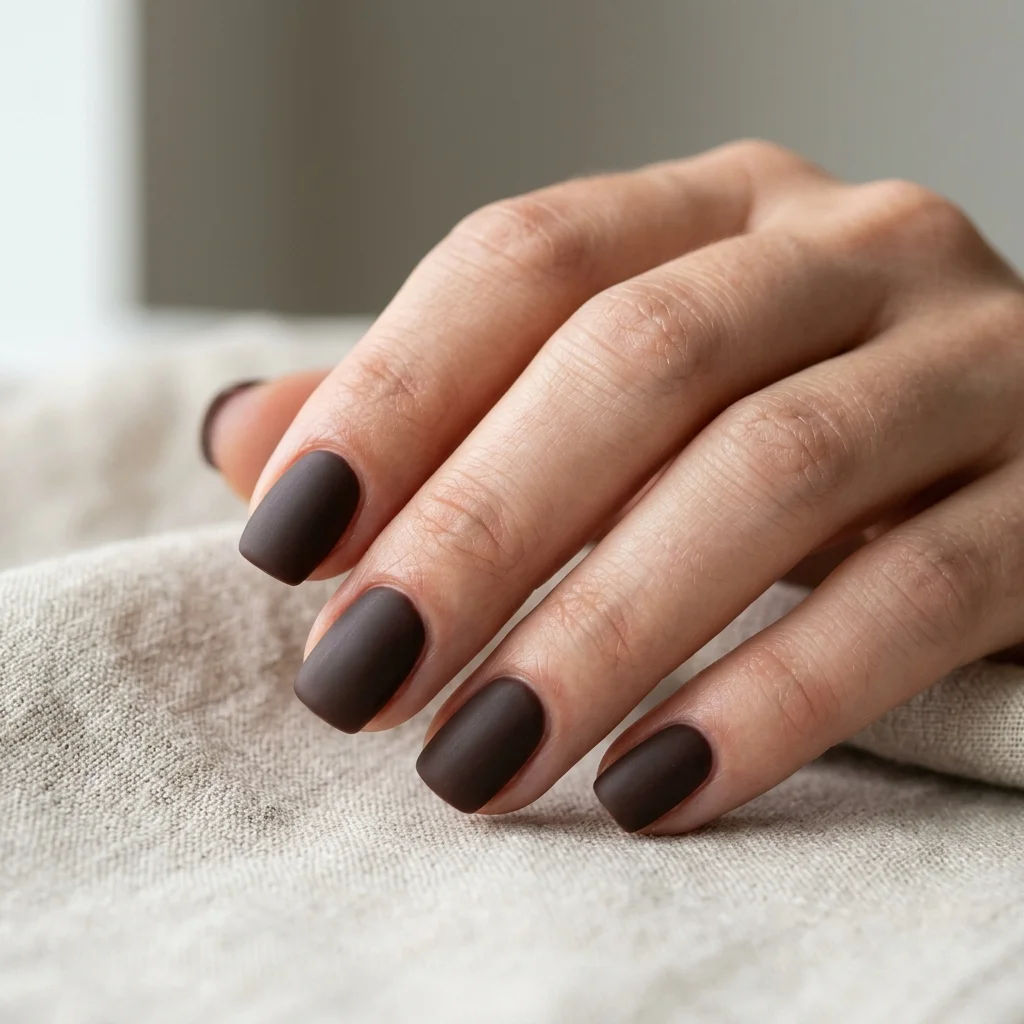 Photorealistic close-up of a hand with short squoval nails in a dark espresso brown with a flat matte finish