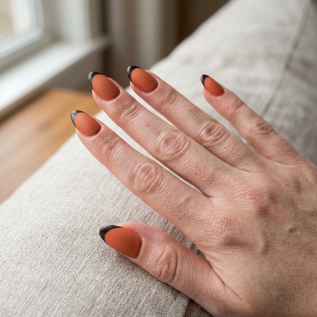 Matte terracotta orange nails with narrow glossy black tips