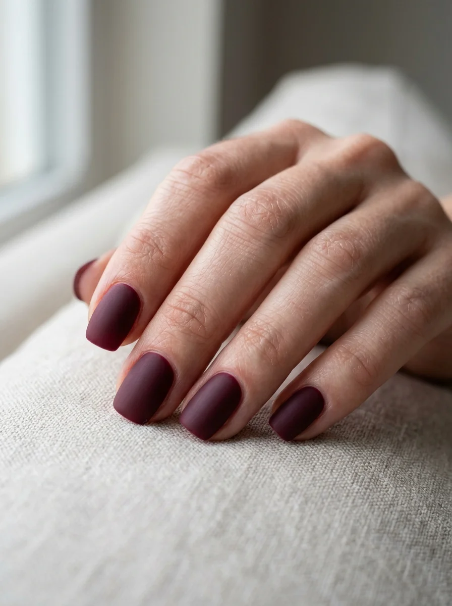 Photorealistic close-up of a hand with a full set of nails in a deep burgundy with a flat matte finish