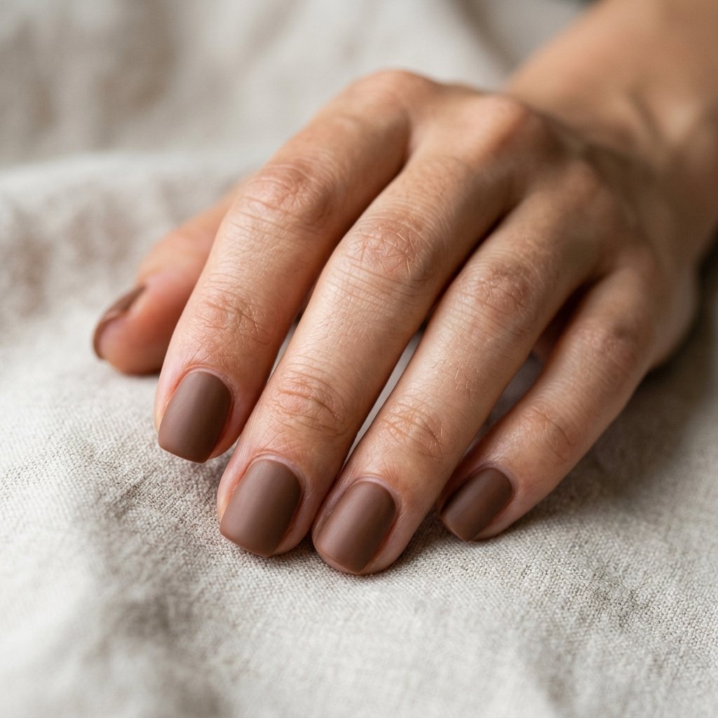Milk chocolate brown manicure with soft flat matte finish on short square nails