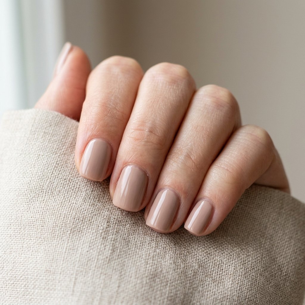 Pale mocha nude brown creme manicure on short square nails