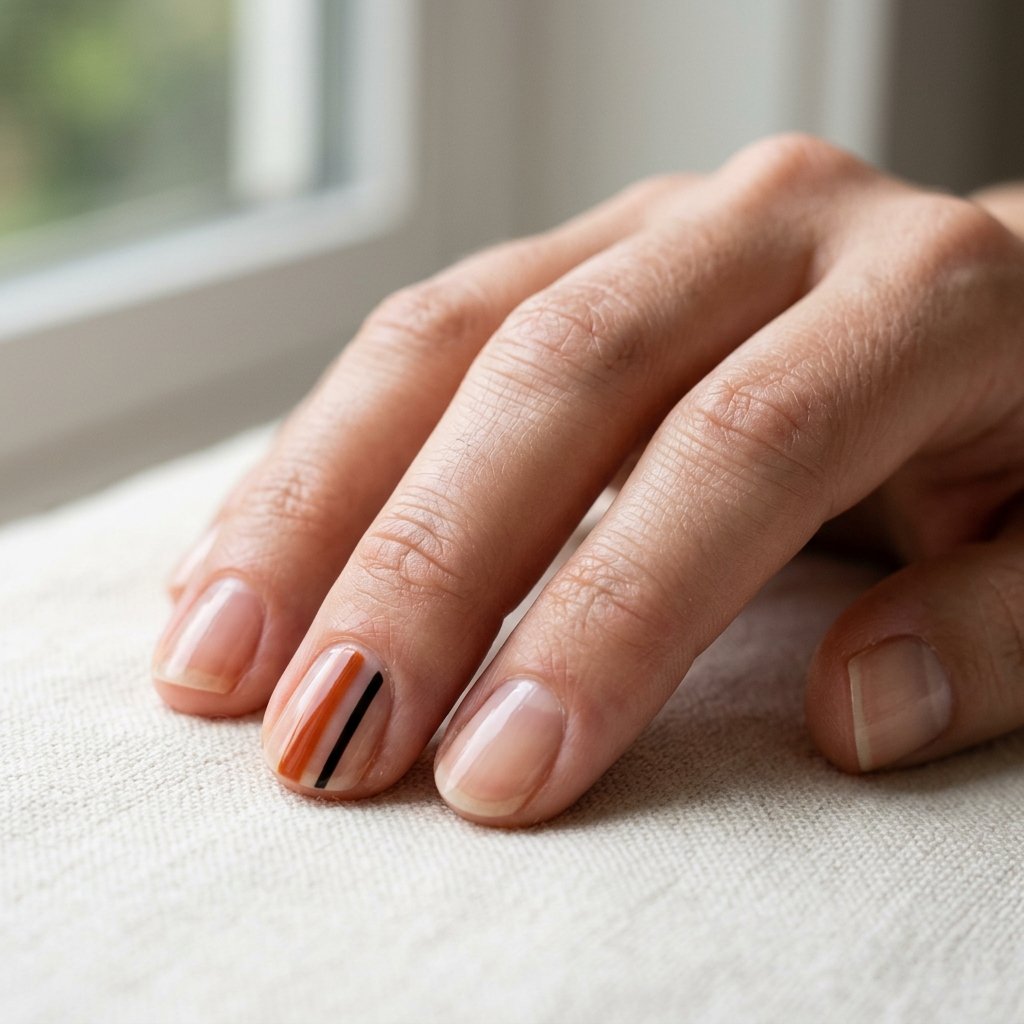 Negative space nail art with parallel burnt orange and thin black stripes