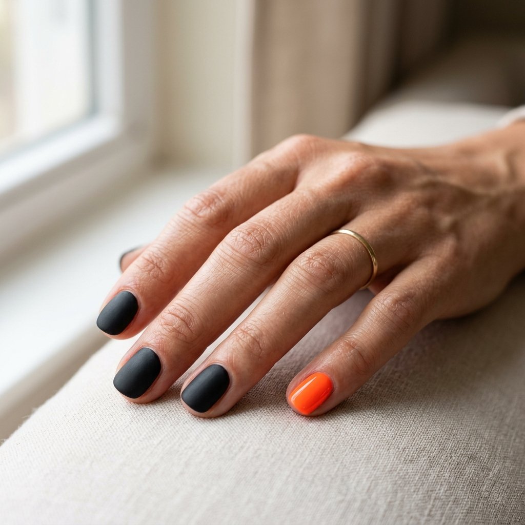 Photorealistic close-up of a hand with four matte black nails and one glossy neon orange accent nail