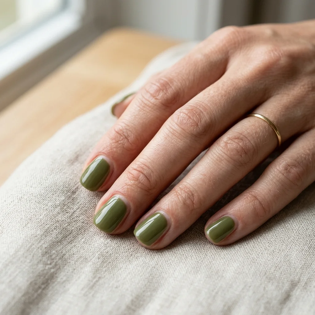Photorealistic close-up of a hand with short nails in olive green with a hairline of bare nail left along each side wall