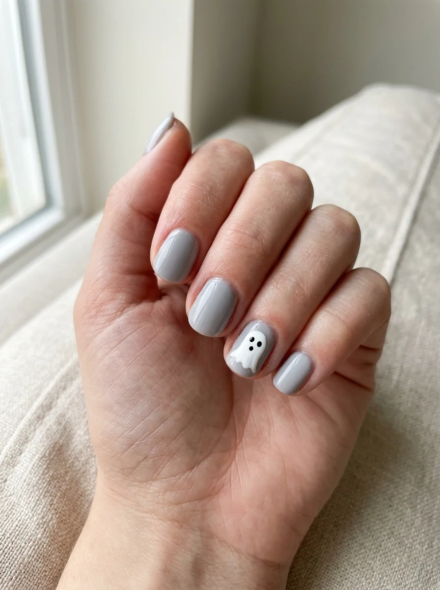 Photorealistic close-up of a hand with soft gray nails with one accent nail carrying a simple white ghost with two black dot eyes