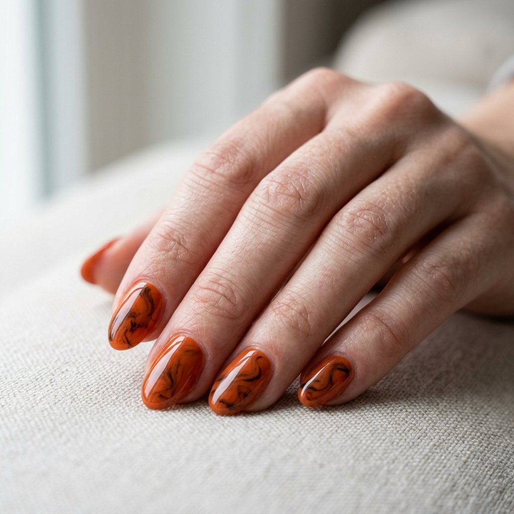 Burnt orange nails marbled with soft black swirls