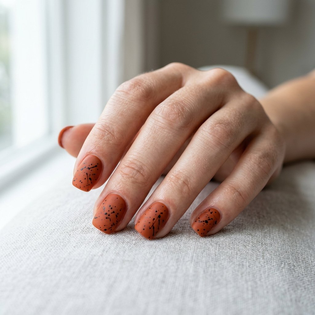 Photorealistic close-up of a hand with matte burnt orange nails covered in fine irregular black splatter
