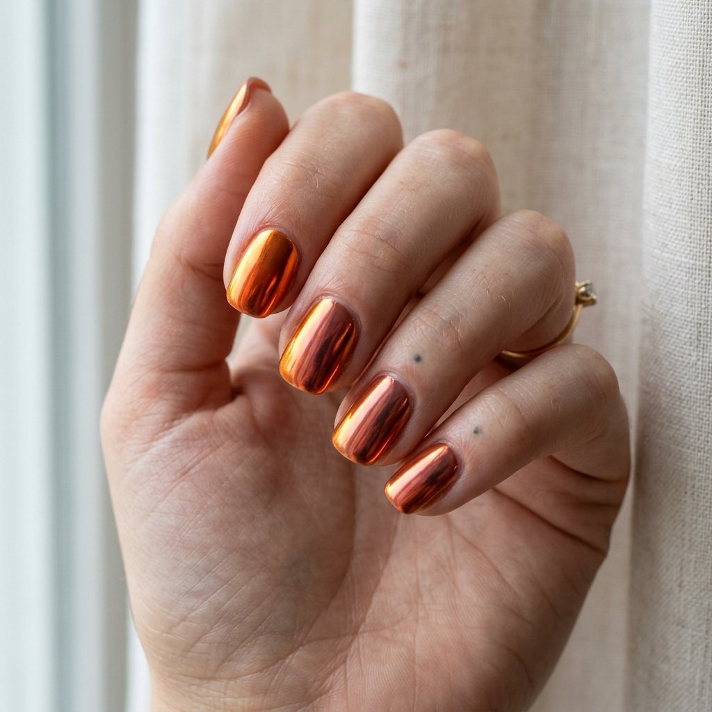 Reflective orange chrome nails with copper and rose color shifts