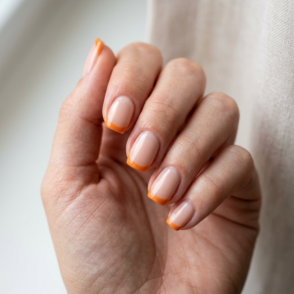 Clean pumpkin orange French tip manicure on sheer nude nails