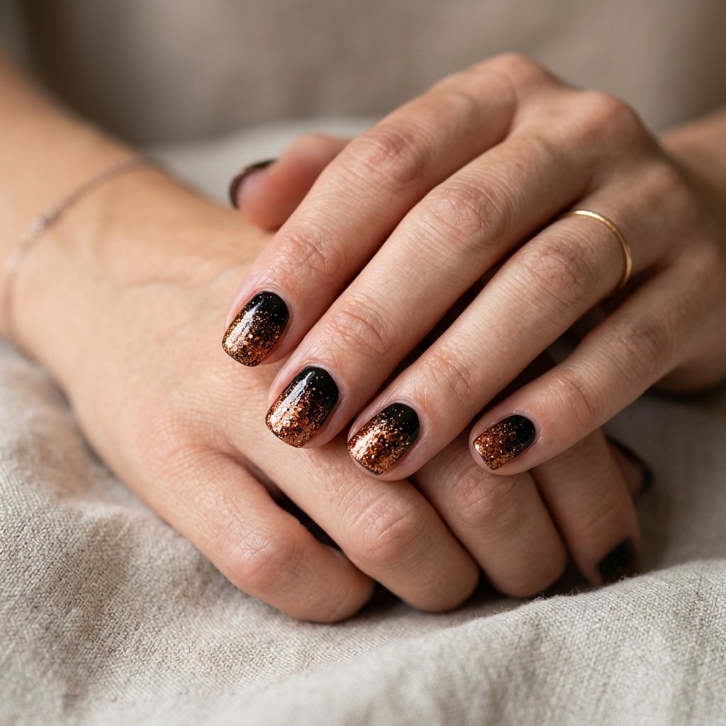 Black nails with copper orange glitter fade from tips
