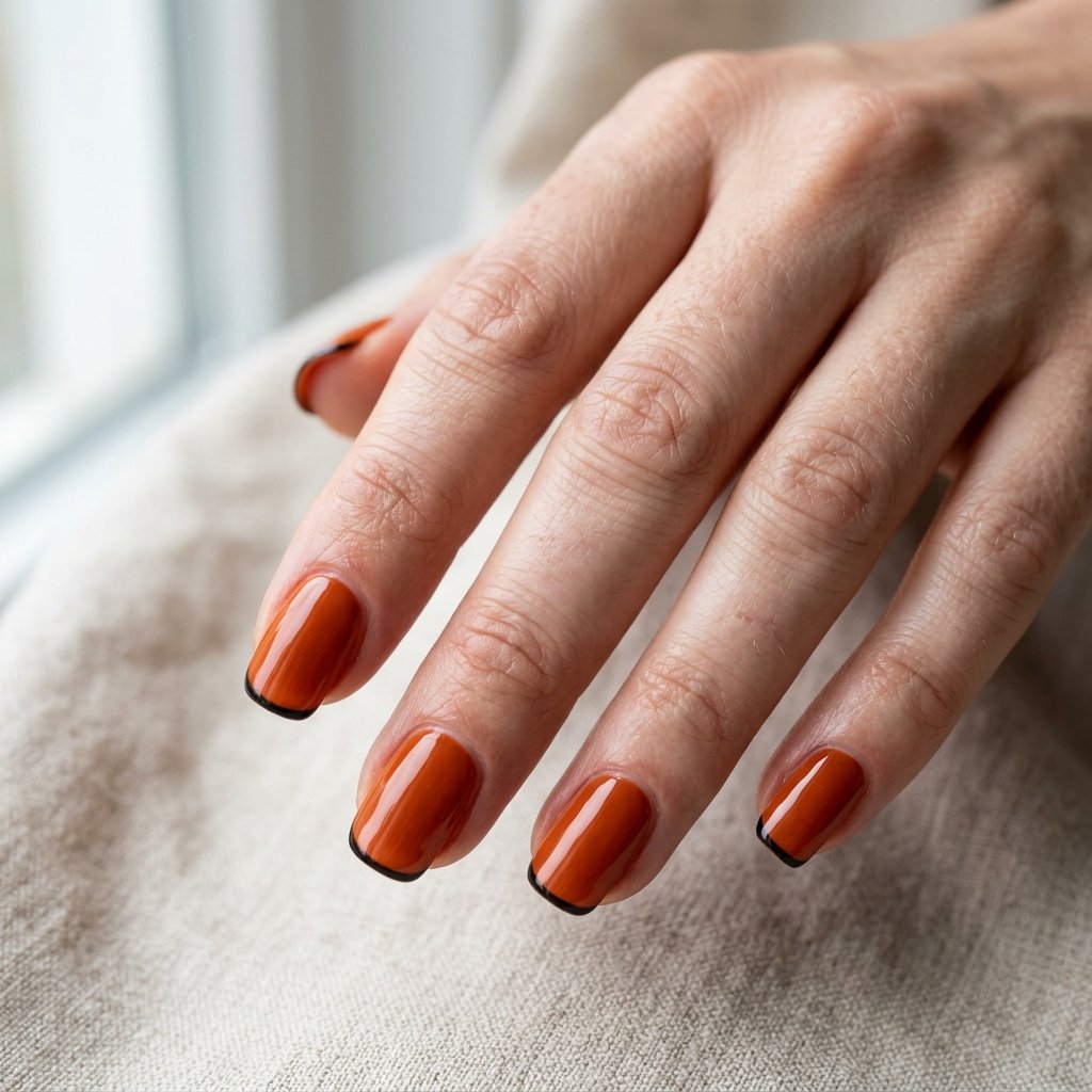 Glossy burnt orange nails with minimalist black micro French hairline tip