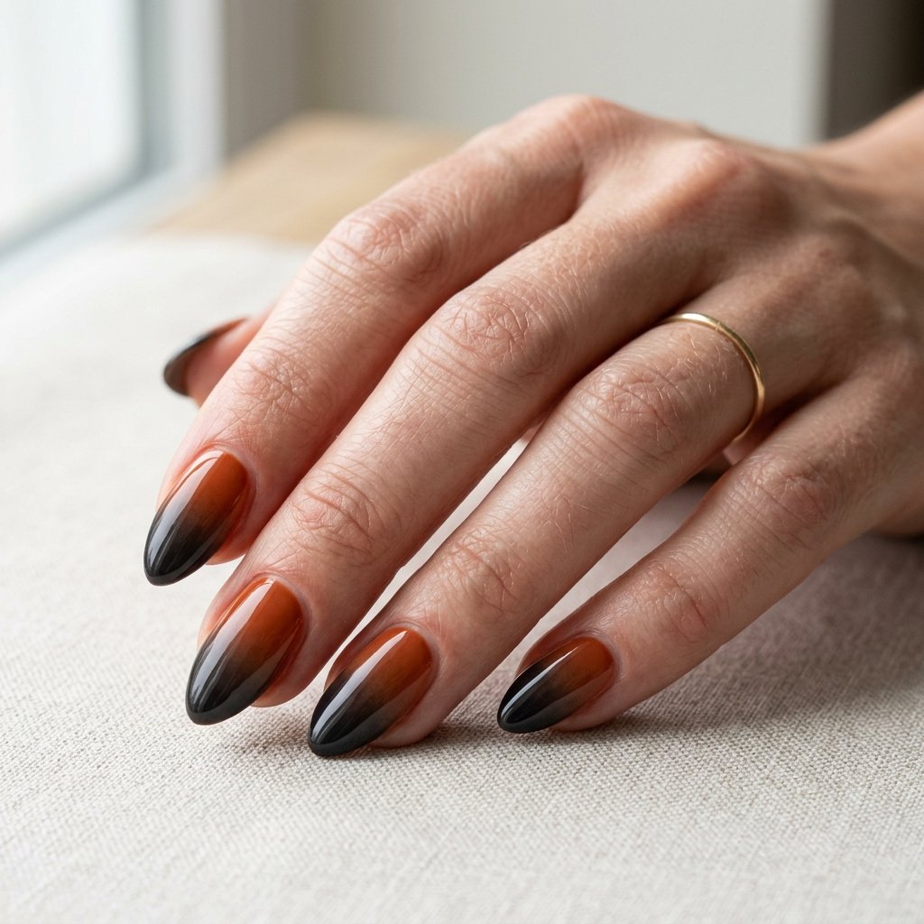 Photorealistic close-up of a hand with nails with a smooth gradient from burnt orange at the cuticle to black at the tips