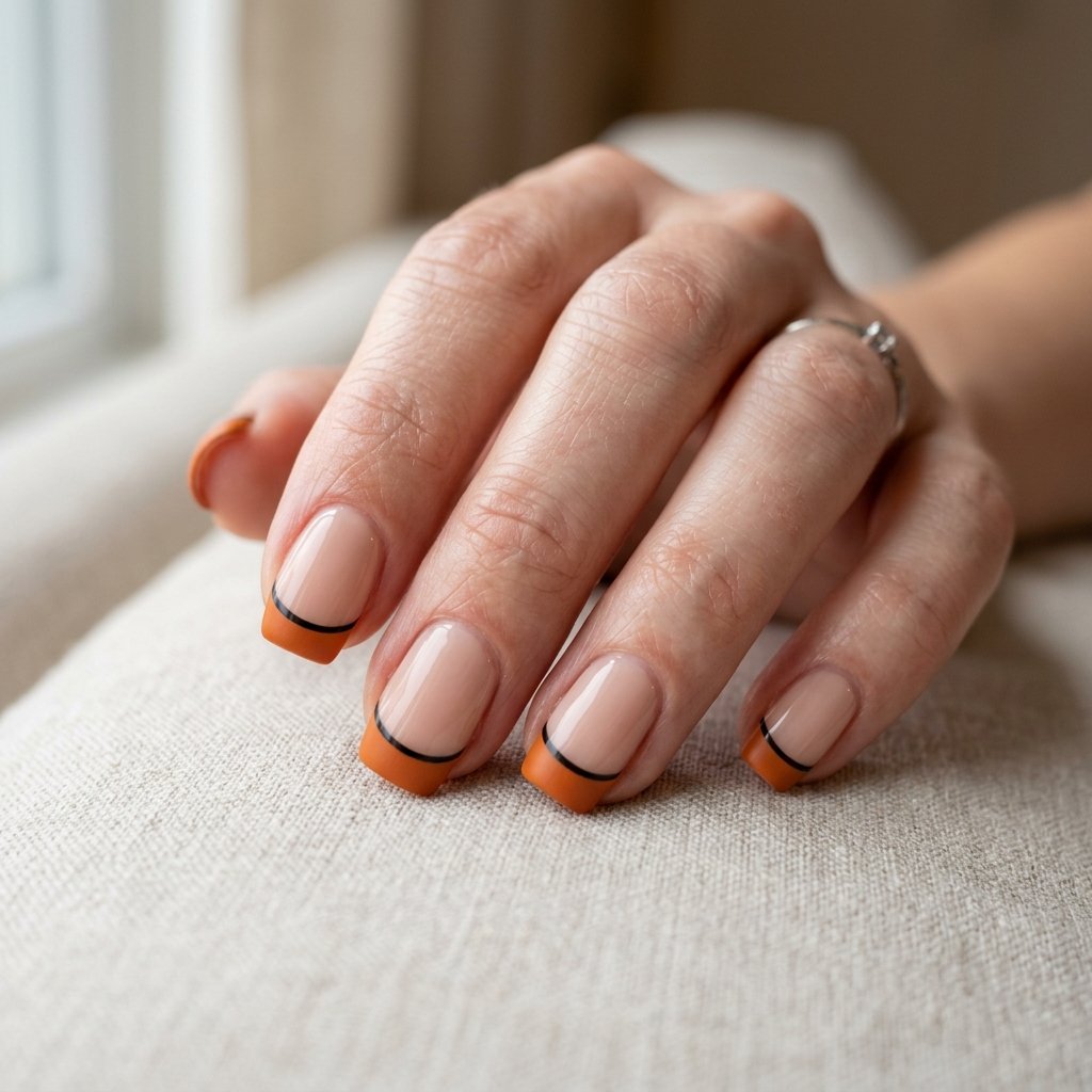 Photorealistic close-up of a hand with nude nails with orange French tips outlined by a thin black line along the smile line