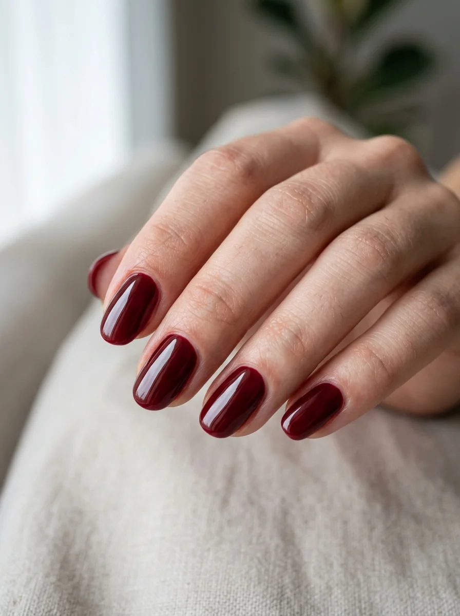 Photorealistic close-up of a hand with a full set of nails in a deep oxblood red with a high gloss finish