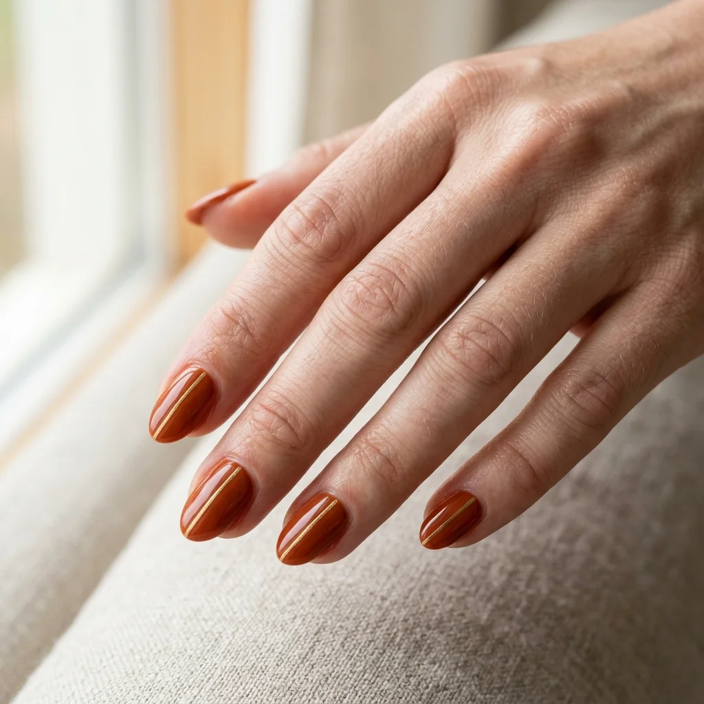 Photorealistic close-up of a hand with short almond nails in rust with one fine gold stripe across each nail