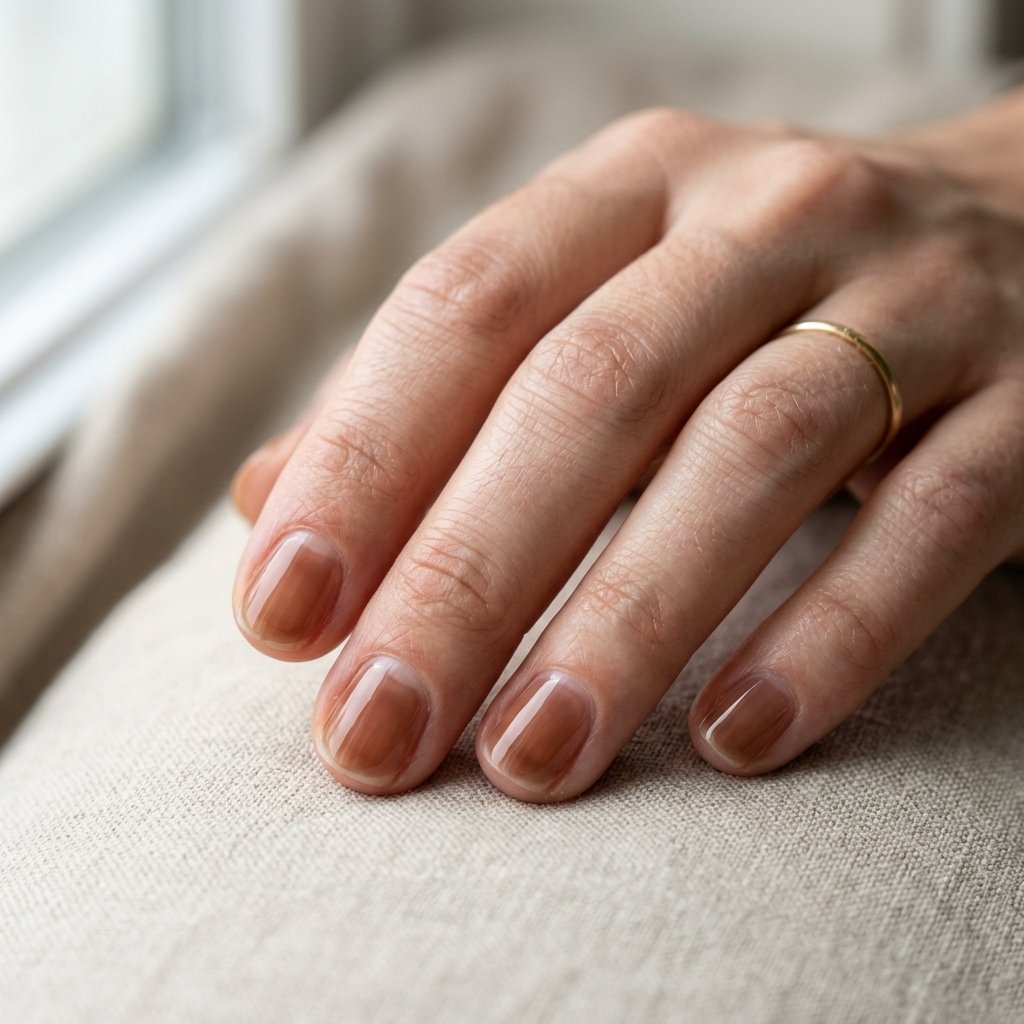 Translucent sheer brown jelly nail polish on short natural nails