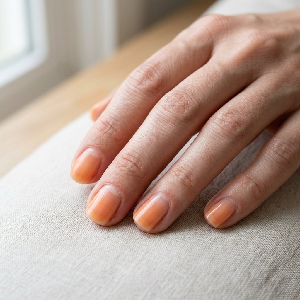 Translucent soft orange wash over bare natural nails