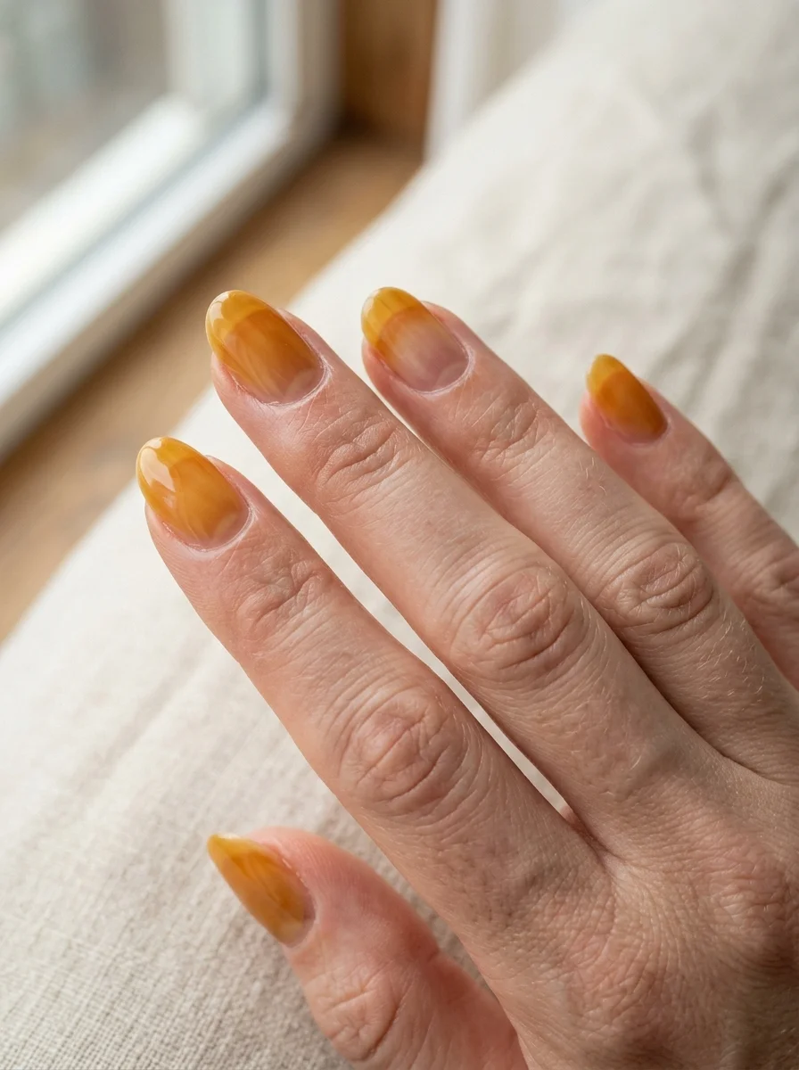 Photorealistic close-up of a hand with nails in a translucent golden amber with the natural nail faintly visible through the color
