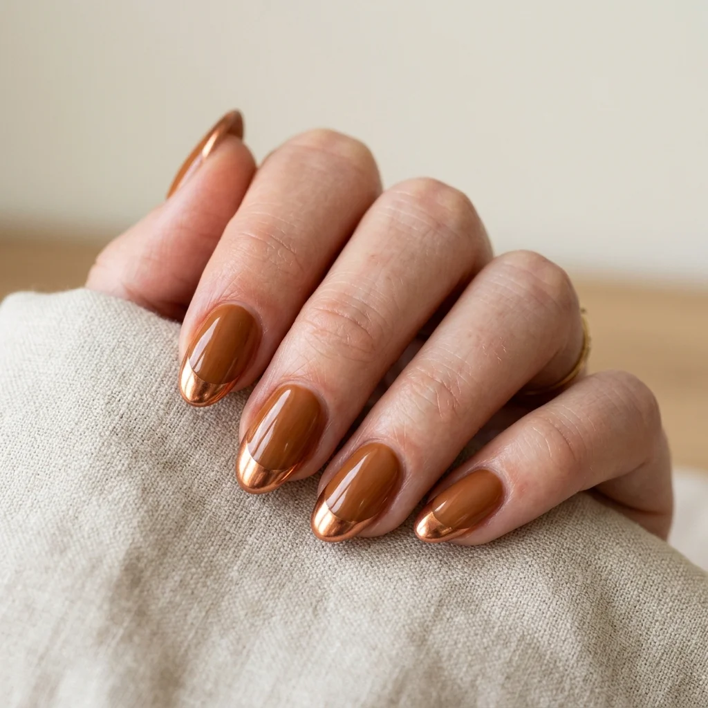 Photorealistic close-up of a hand with short almond nails in caramel with a warm copper mirror chrome tip