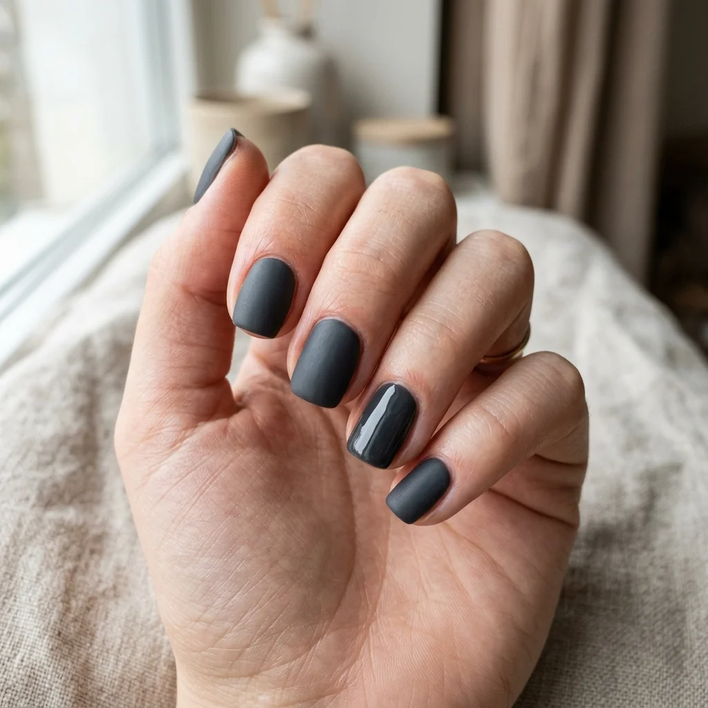 Photorealistic close-up of a hand with short nails in matte charcoal gray with one glossy charcoal accent nail