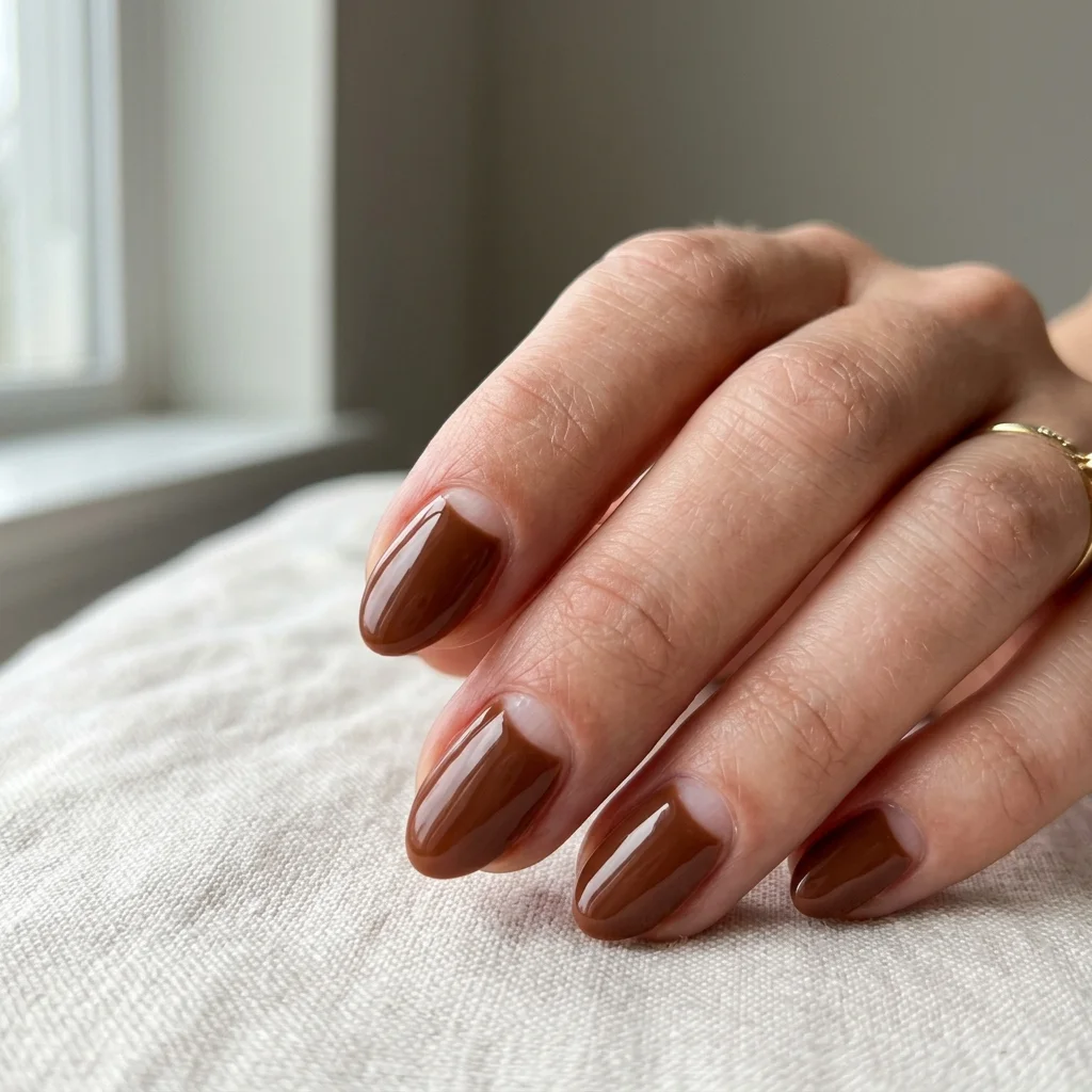 Photorealistic close-up of a hand with short almond nails in chestnut brown with a small unpainted crescent of bare nail at the cuticle