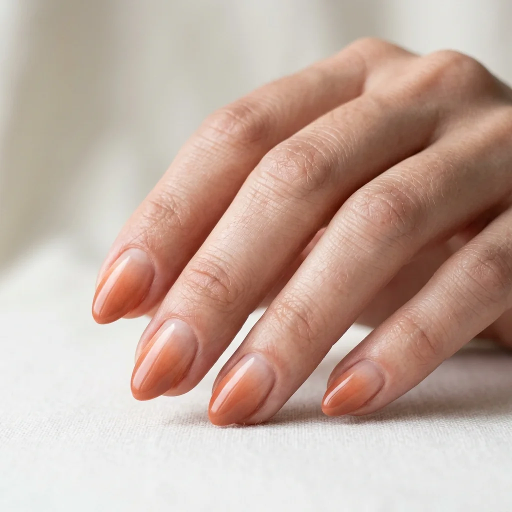 Photorealistic close-up of a hand with short almond nails with a dusty clay terracotta ombre fading from tip to bare nail