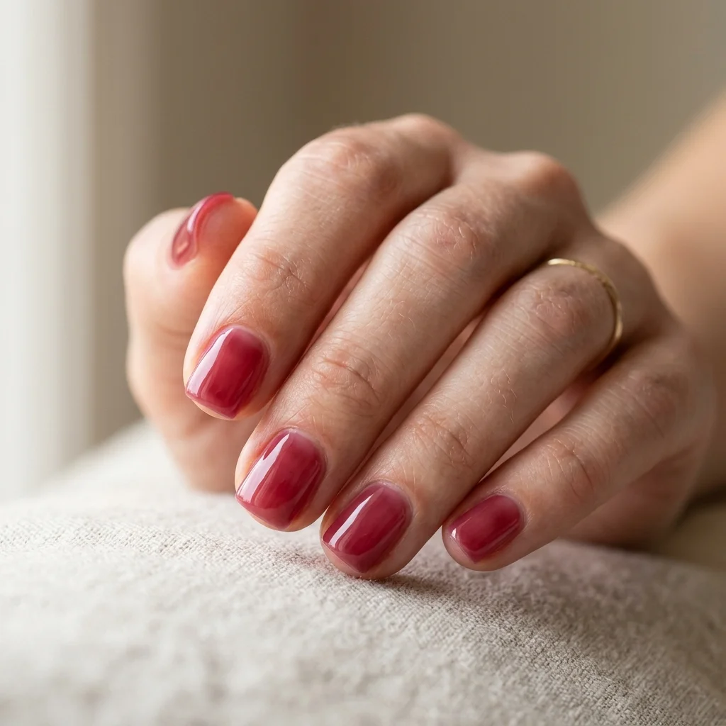 Photorealistic close-up of a hand with short square nails in a translucent cranberry jelly polish