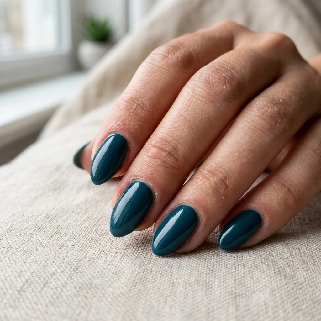Photorealistic close-up of a hand with short almond nails in a deep teal blue green creme polish