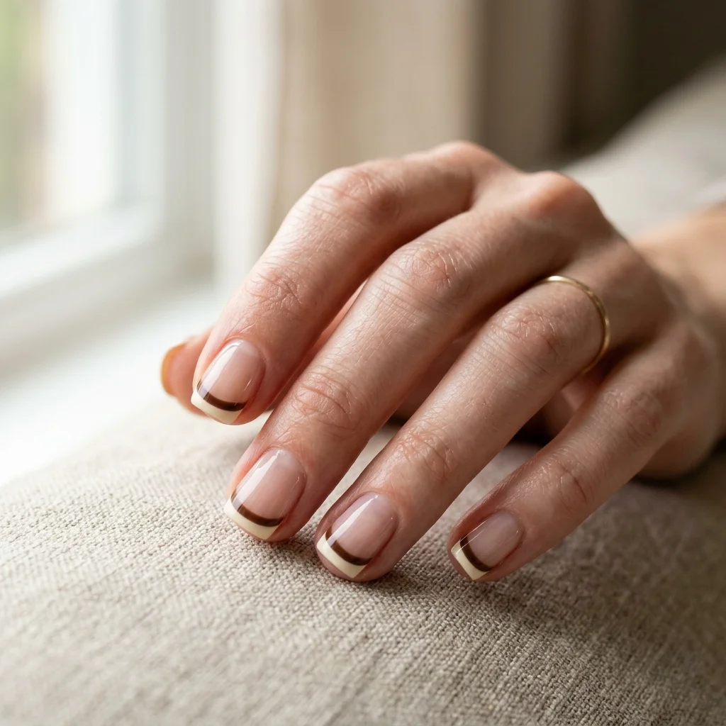 Photorealistic close-up of a hand with short square nails with stacked double French tip lines in chocolate brown and cream