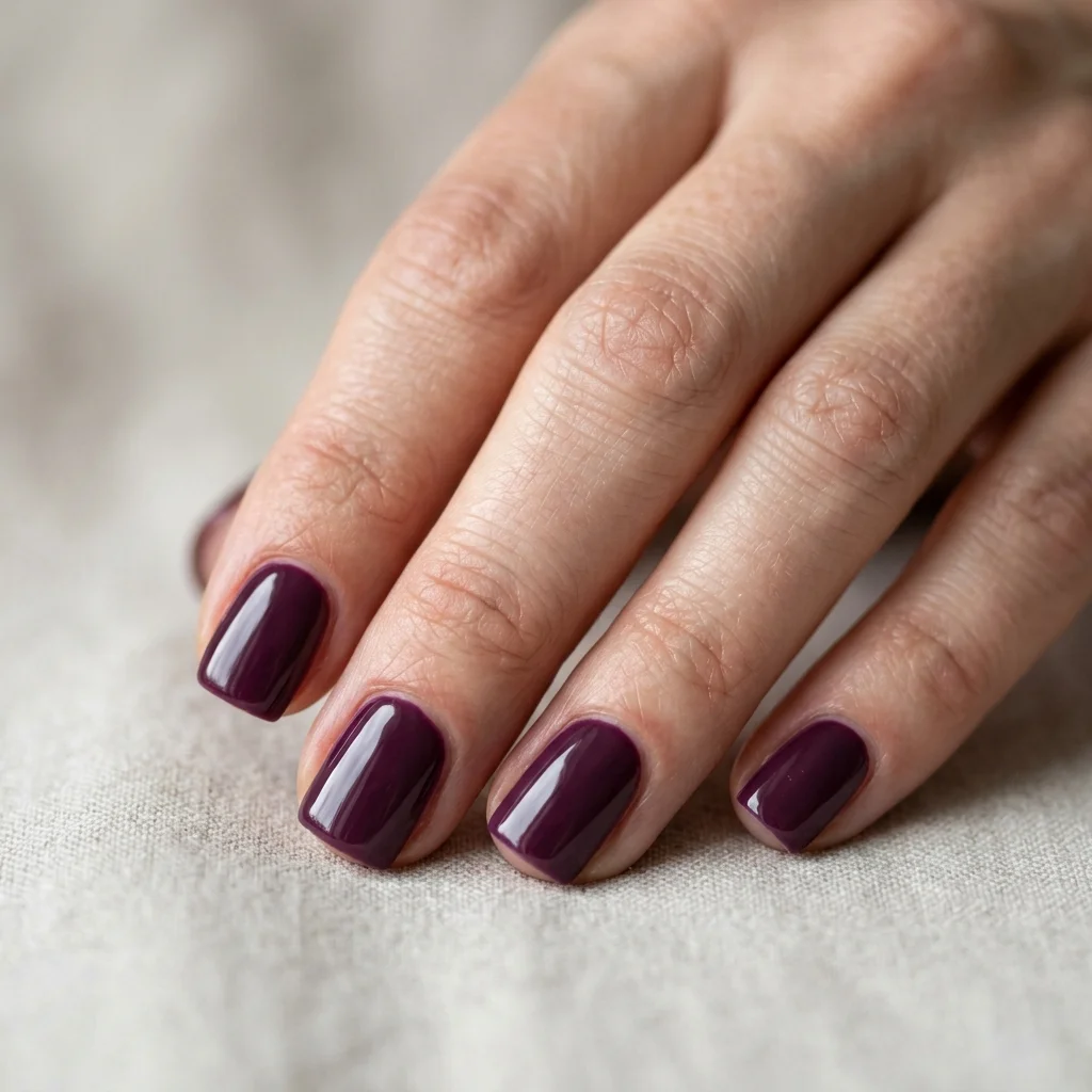 Photorealistic close-up of a hand with short square nails in a deep plum with a high gloss finish