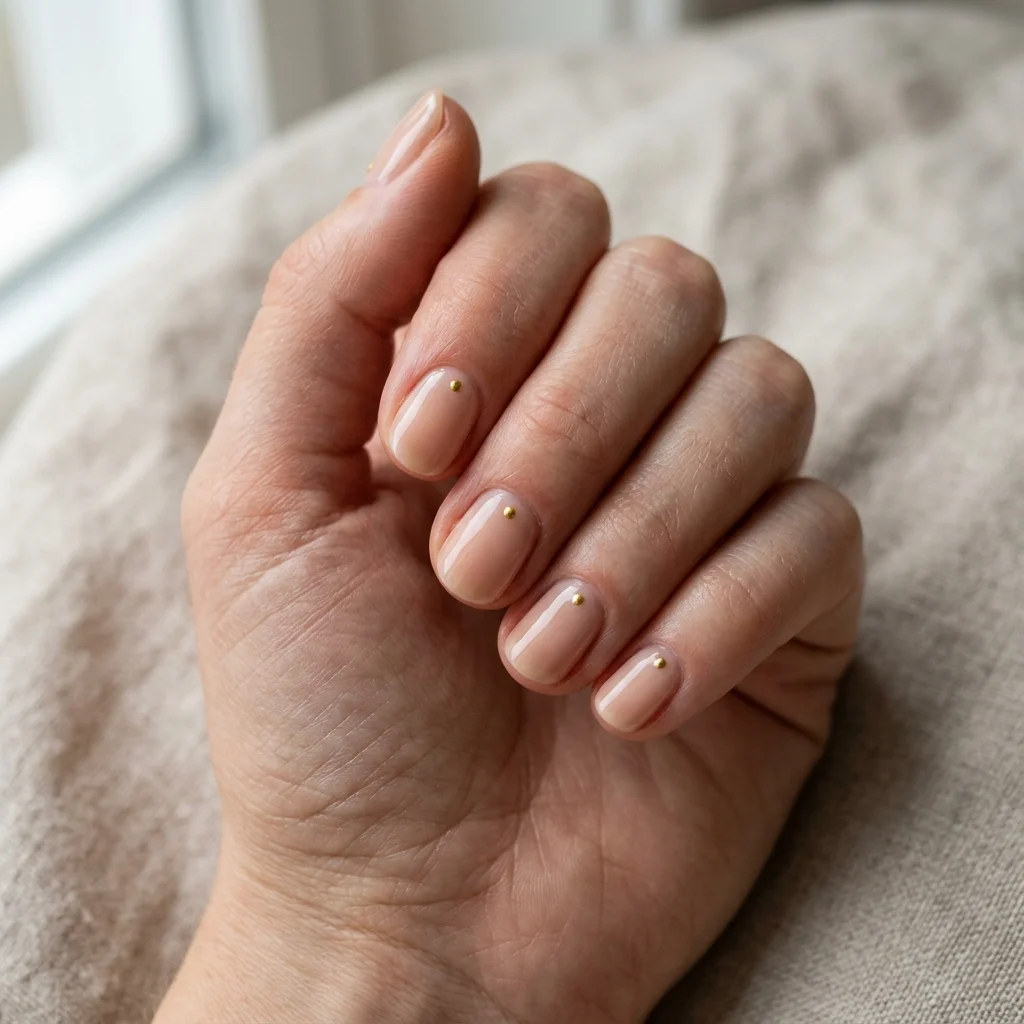 Photorealistic close-up of a hand with short nude nails each with a single tiny gold dot near the cuticle
