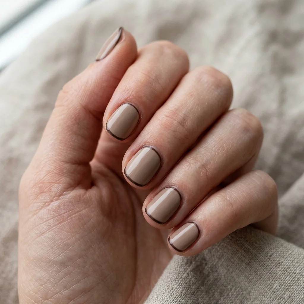Photorealistic close-up of a hand with short nails in warm taupe with a thin darker brown outline around the edge of each nail