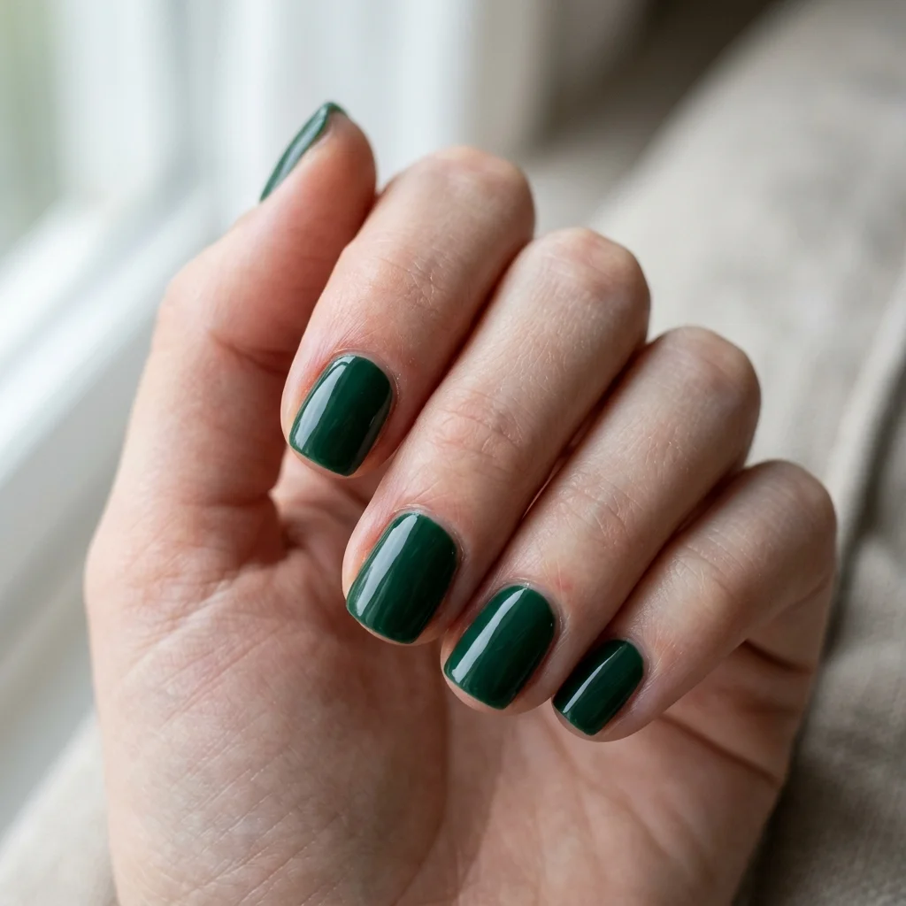 Photorealistic close-up of a hand with short squoval nails in a deep pine green creme polish