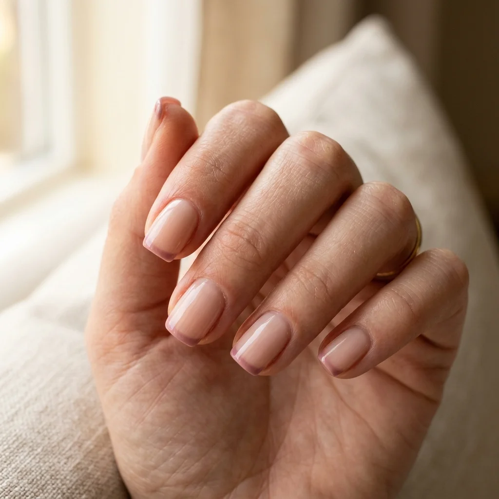Photorealistic close-up of a hand with short square nails with a dusty rose micro French tip on a sheer nude base