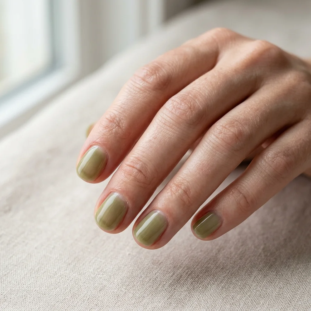 Photorealistic close-up of a hand with short nails in a sheer olive green wash so the natural nail shows through