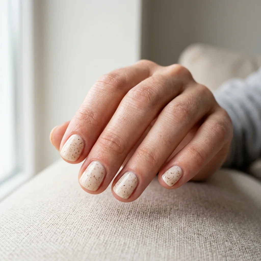 Photorealistic close-up of a hand with short nails in a pale cream base with fine brown speckles scattered across them