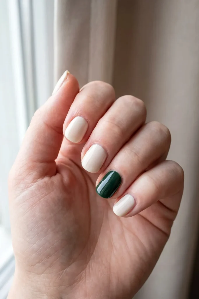 Simple Christmas nails: cream nails with one deep pine green accent nail