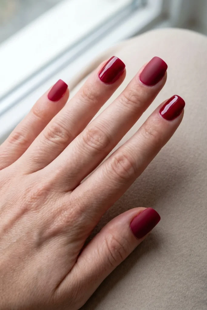 Christmas nail design with matte and glossy red polish alternating across the nails