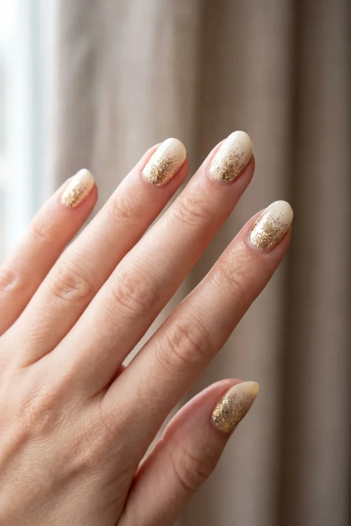 Cream Christmas nails with gold glitter fading over the tips