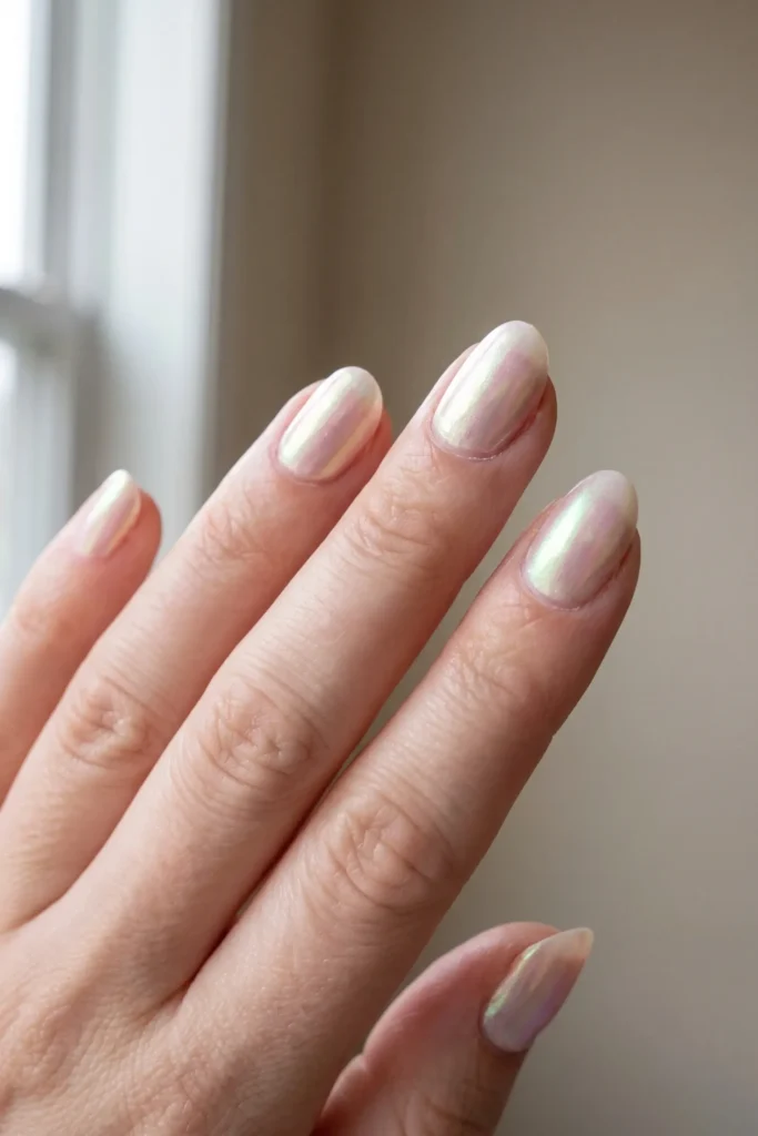 Christmas nails with an iridescent pearlescent topcoat over pale polish