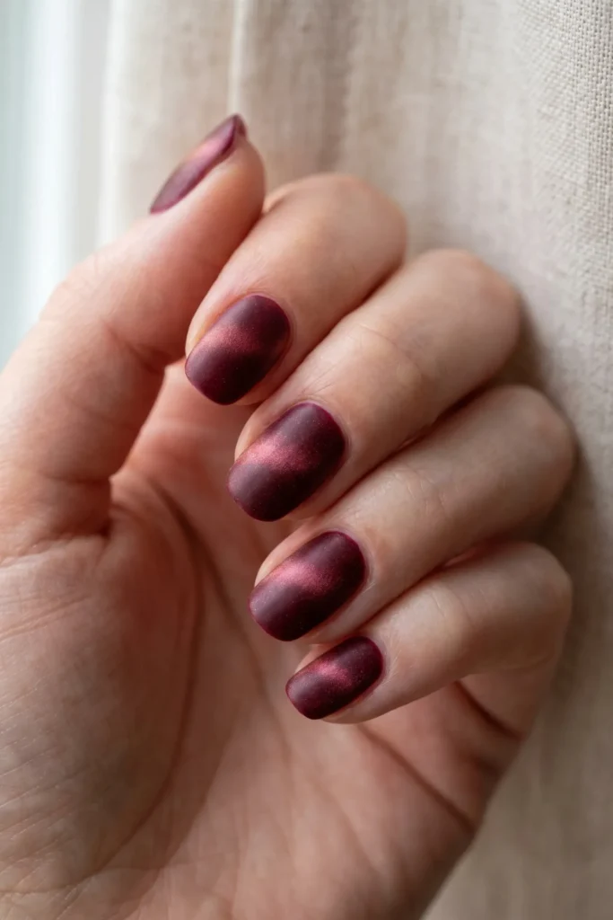 Deep red velvet Christmas nails with a magnetic shimmer band