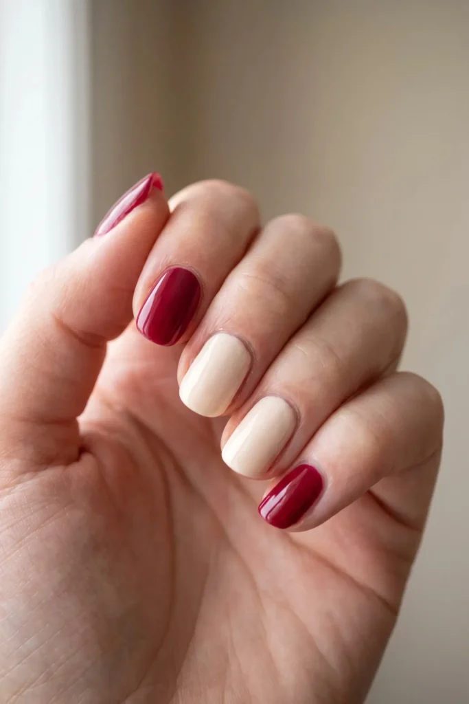 Cranberry and cream Christmas nail design alternating colors