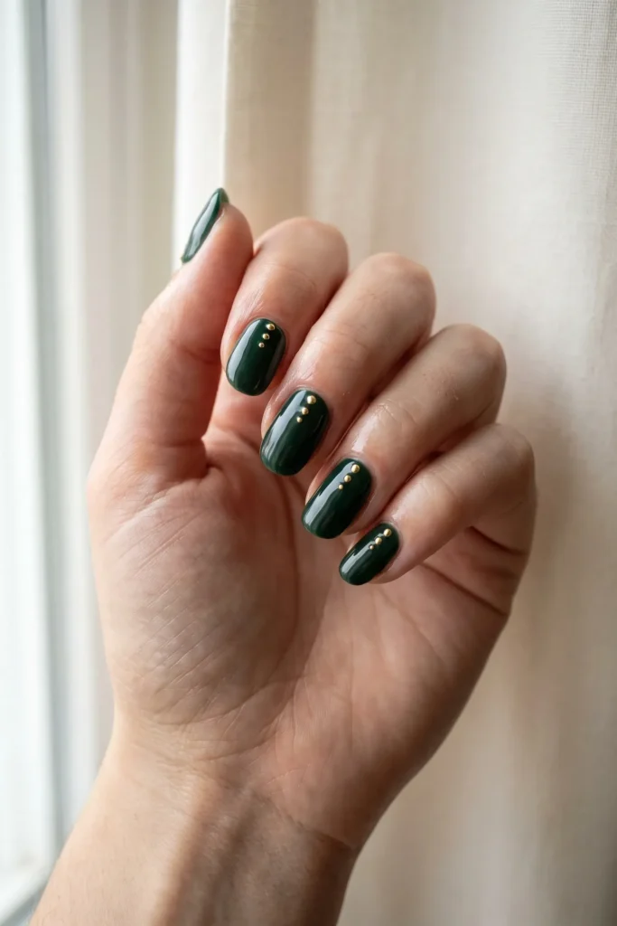 Pine green Christmas nails with a small gold dot cluster accent