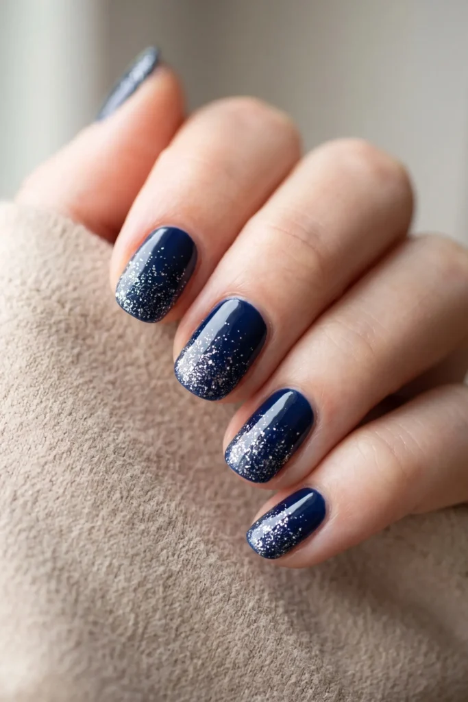 Navy Christmas nails with a silver glitter tip fade