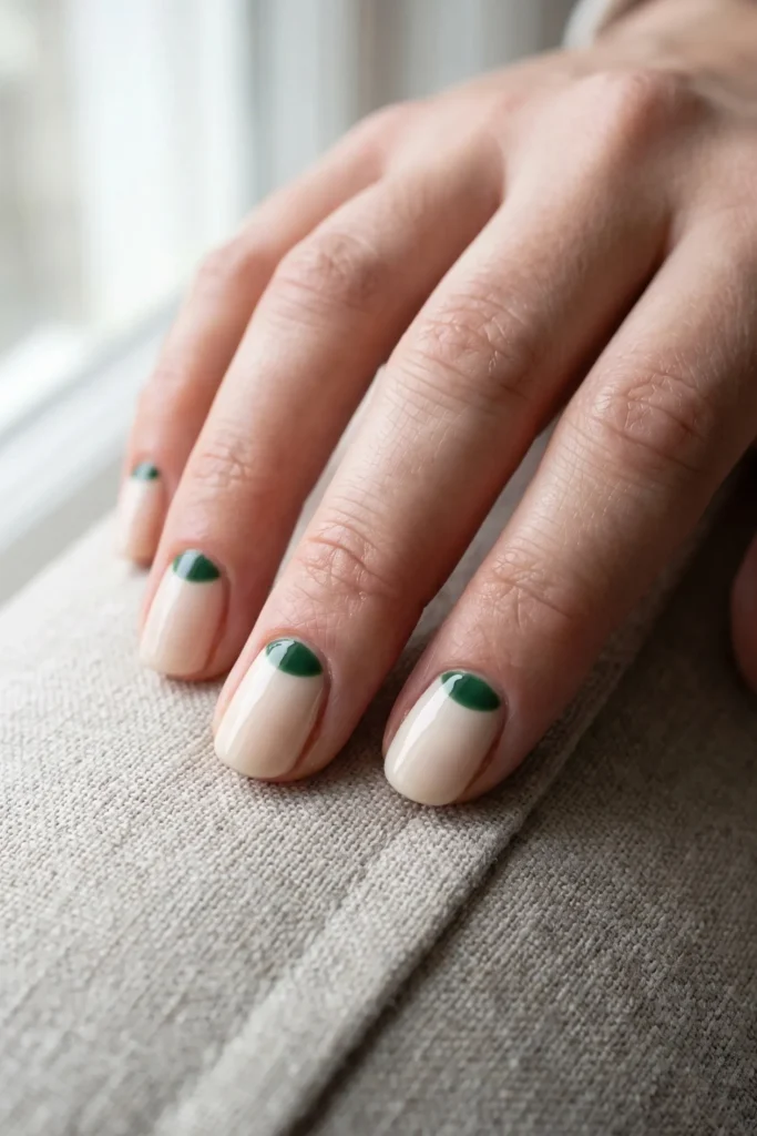 Cream Christmas nails with a deep green half moon cuticle design
