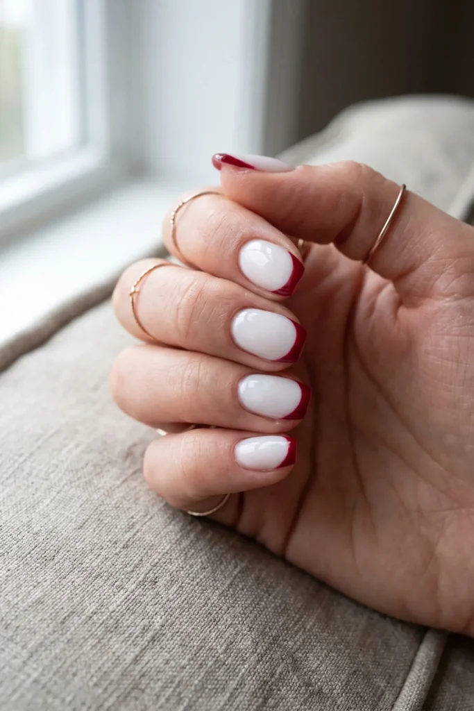 Milky white Christmas nails with a red French tip