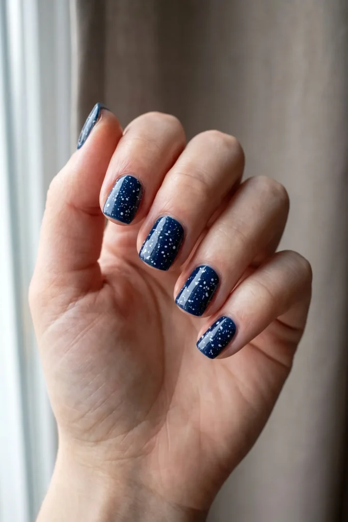 Navy Christmas nails with a white snow speckle design