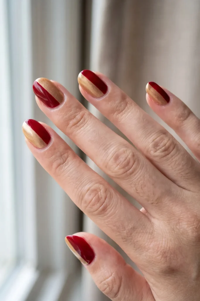 Christmas nails split diagonally in red and gold