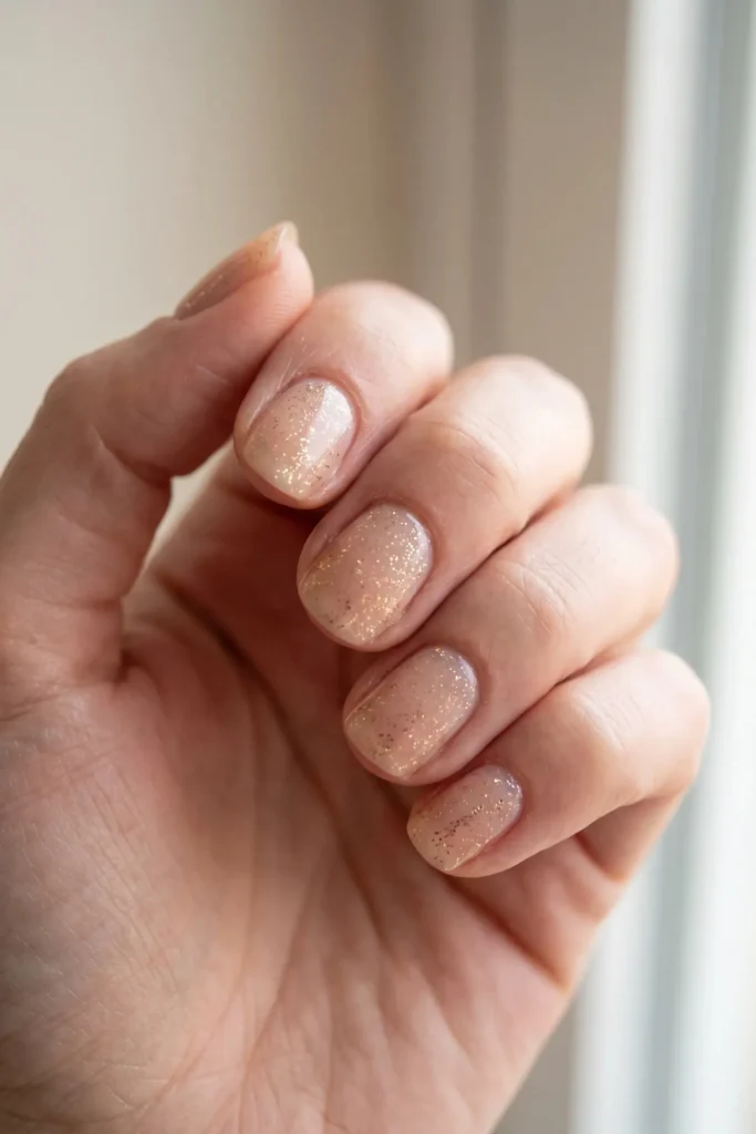 Sheer nude Christmas nails with champagne gold glitter